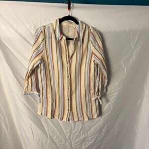 Soft Surroundings 100% Cotton Button-Up Shirt in Cream & Pastel Stripes Sz L